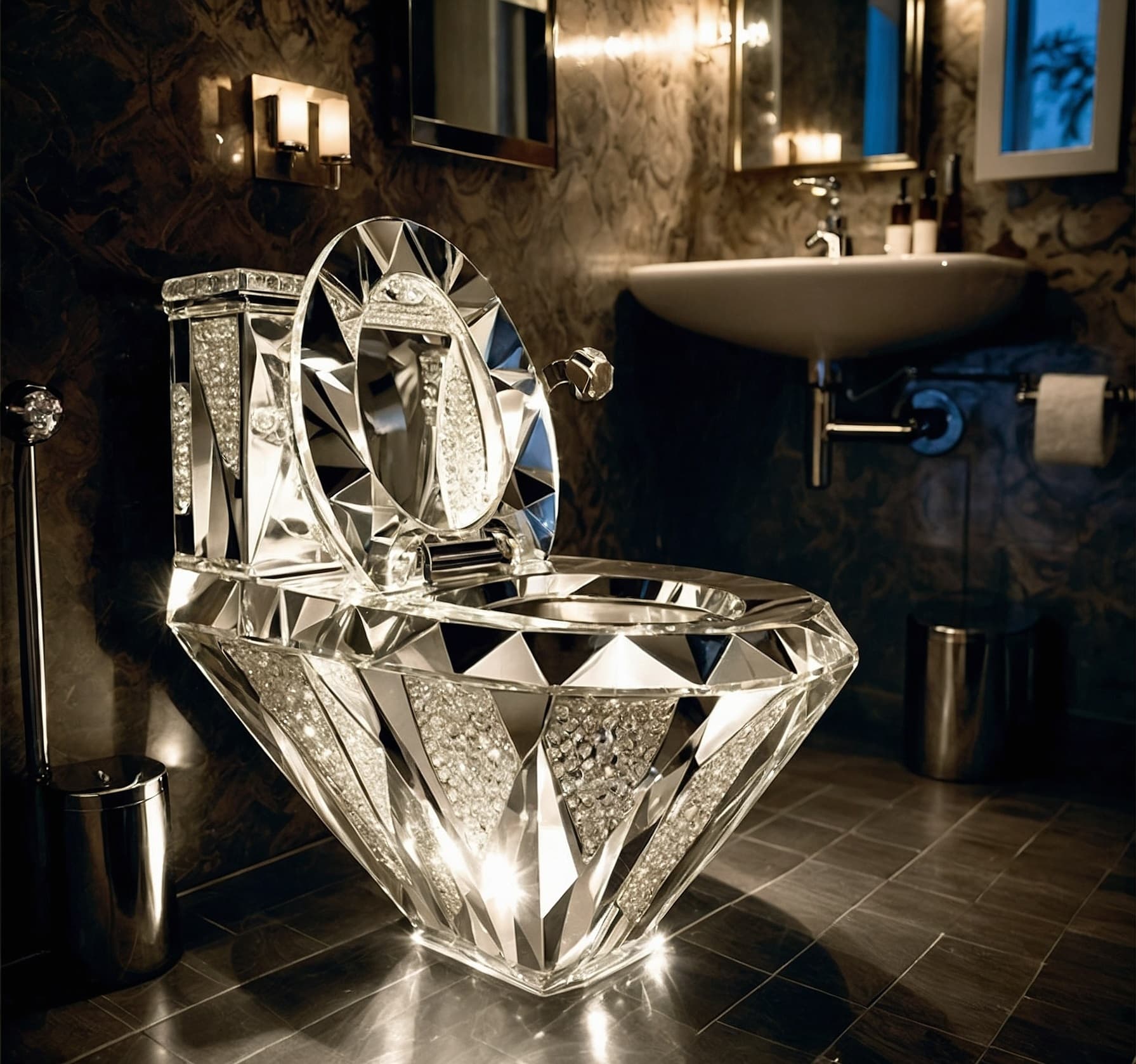 AI generated: A stunningly intricate diamond-encrusted latrine shines with a soft, ethereal glow. The diamonds gli...