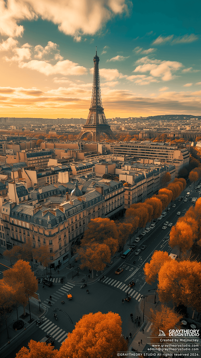 AI generated: aerial, Paris city with Eiffel Tower at day --ar 9:16 --style raw --v 6