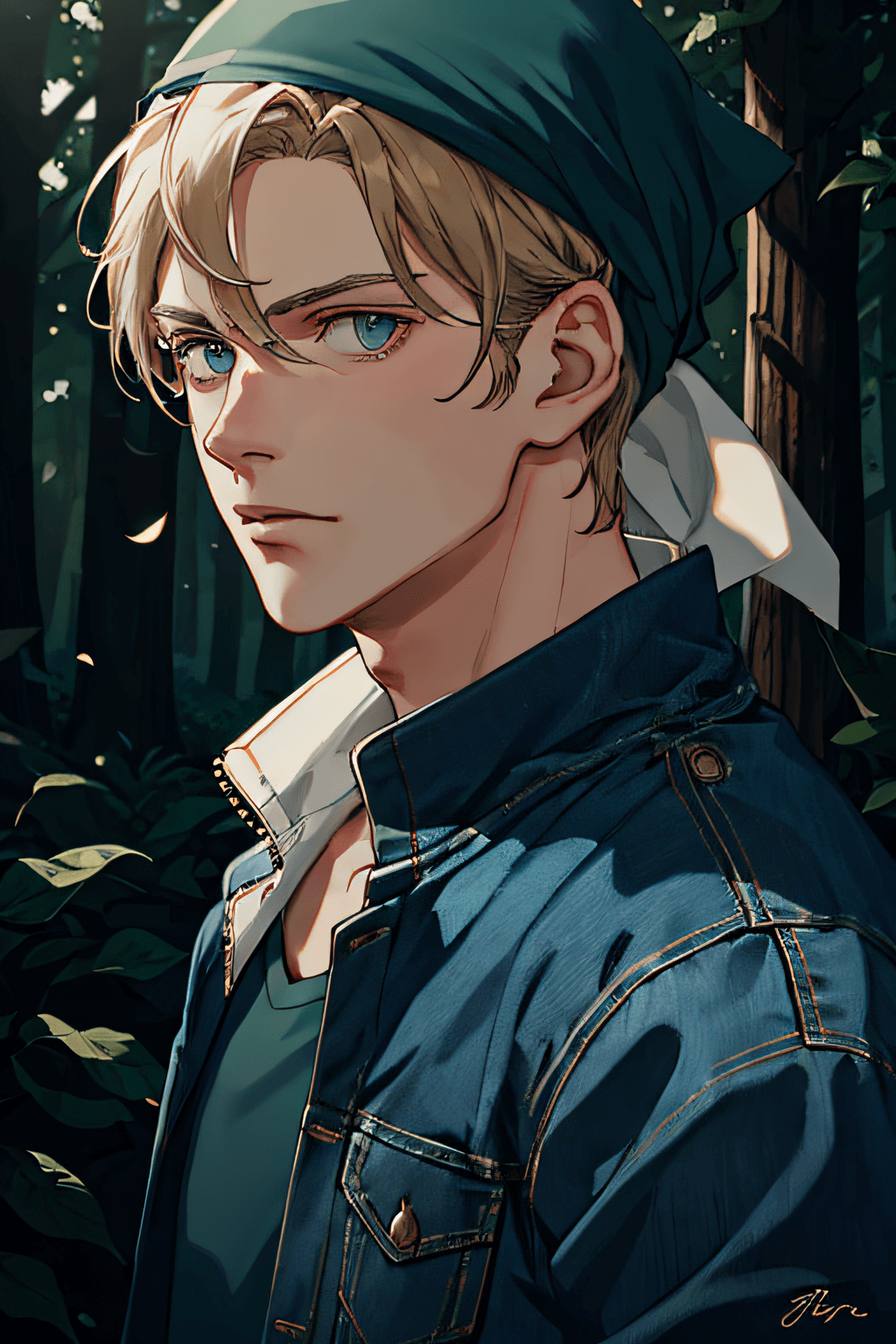 AI generated: billykane,solo, 1guy, male,bandana, denim blue jacket, closeup,portrait, cinematic lighting, bara:1....