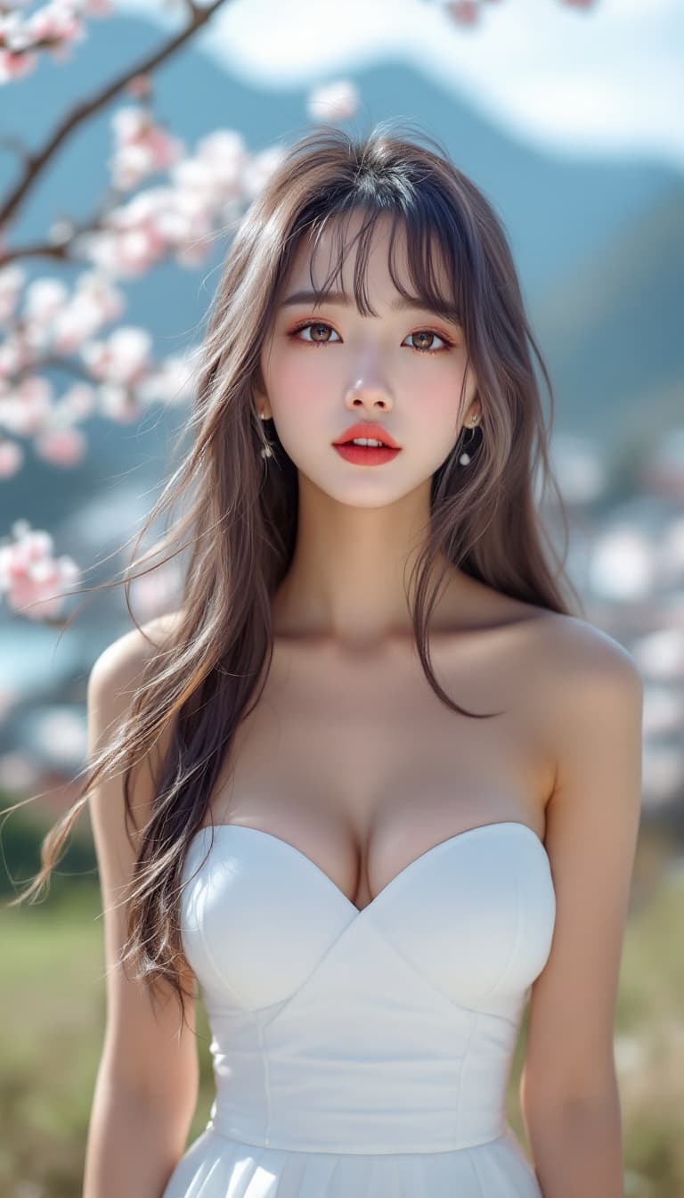 AI generated: A person, korean ulzzang face, japanese girl, long hair, bangs, multi color hair, wearing a white st...