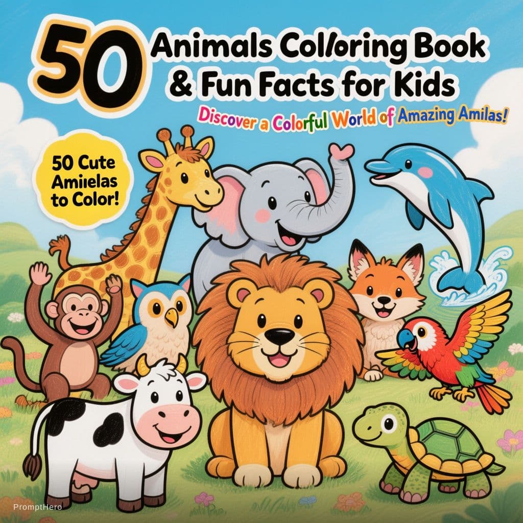 AI generated: A vibrant and playful children's coloring book cover for **'50 Animals Coloring Book & Fun Facts for...