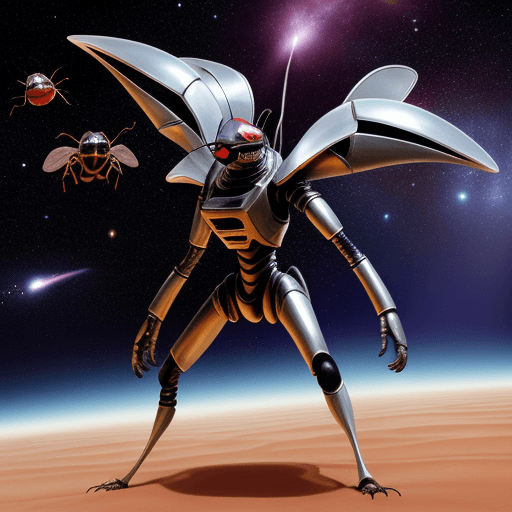 AI generated: alien ant army group with silver ant armor invasion the planet, gunfire with red ant group, space st...