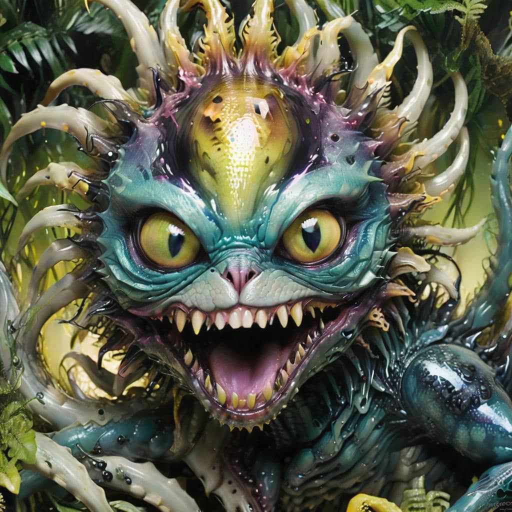 AI generated: ferrofluid monster mixed between a cat and a velociraptor::5, sinister, in the jungle, tentacles, al...