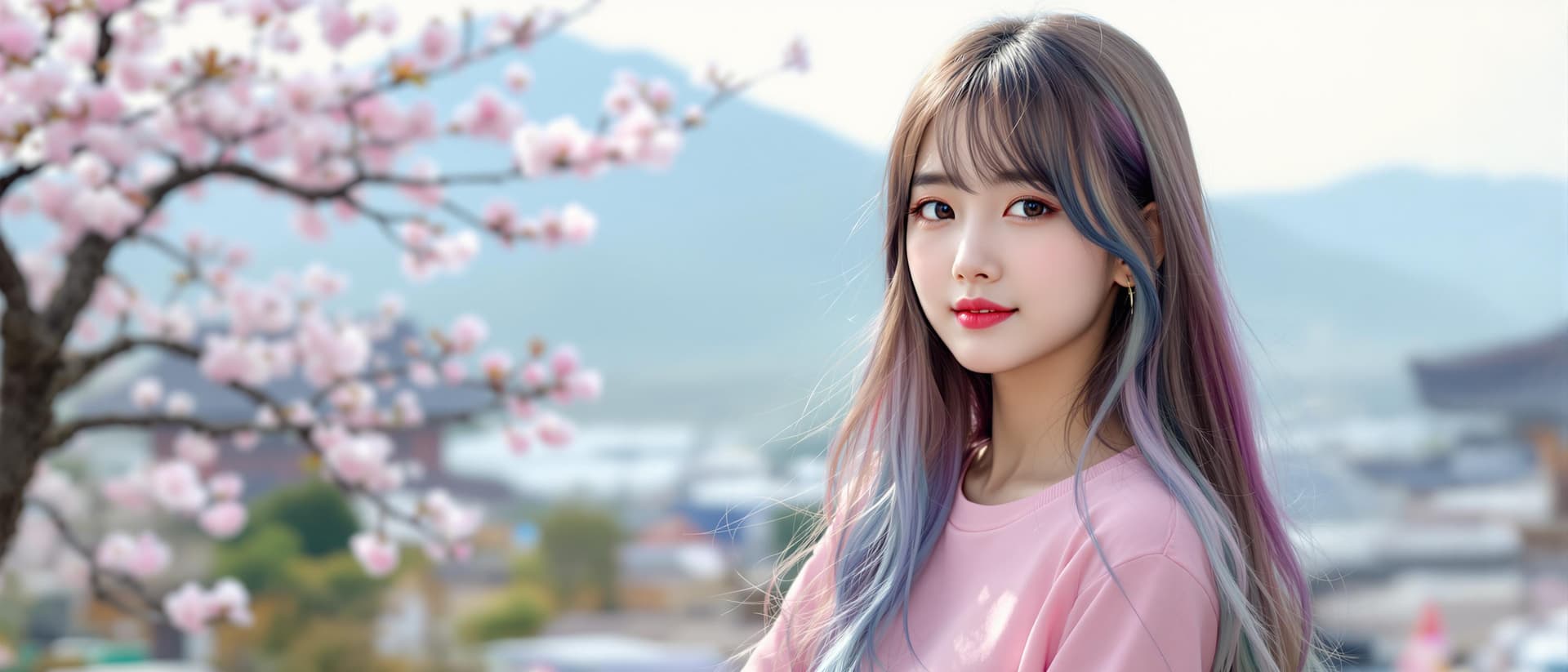 AI generated: A person, korean ulzzang face, Seoul girl, long hair, bangs, multi color hair, wearing a pink t-shir...
