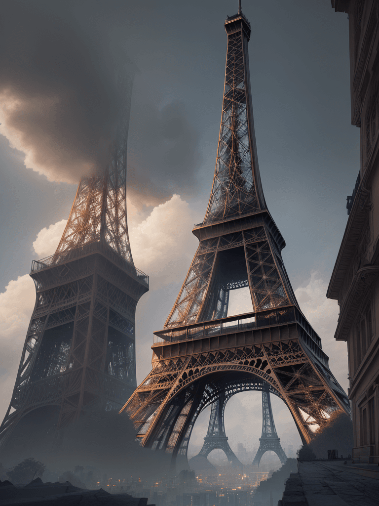 AI generated: Photo of a ultra realistic Eiffel Tower, dramatic light, cinematic lighting, battered, low angle, tr...