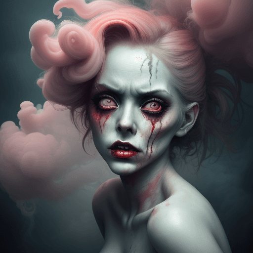 AI generated: sexy zombie female in pain in cloud of smoke, whirlwind, coral highlight colors, coral make-up, hint...