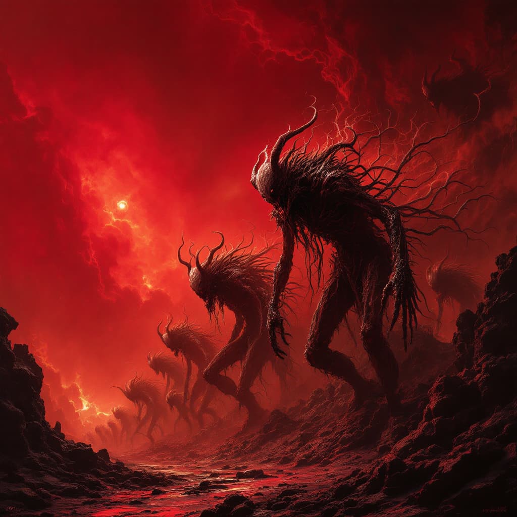 AI generated: Many demons in Hell, red atmosphere, in the style of H.R. Giger, photorealistic --ar 51:64 --v 5.2
