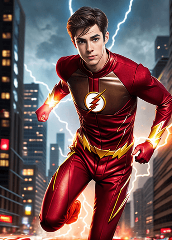 AI generated: Barry Allen dressed as the Flash, races through the city streets with lightning speed, leaving a tra...