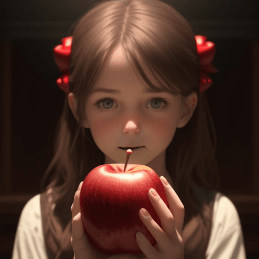 AI generated: a girl holds an apple. the apple is red in color. the girl says it is good. cinematic. 8k.