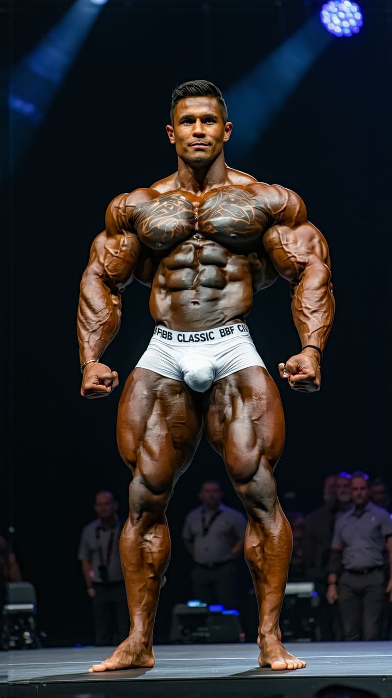 AI generated: A massive, ultra-muscular, handsome Brazilian IFBB pro bodybuilder in the heavyweight Classic Bodybu...