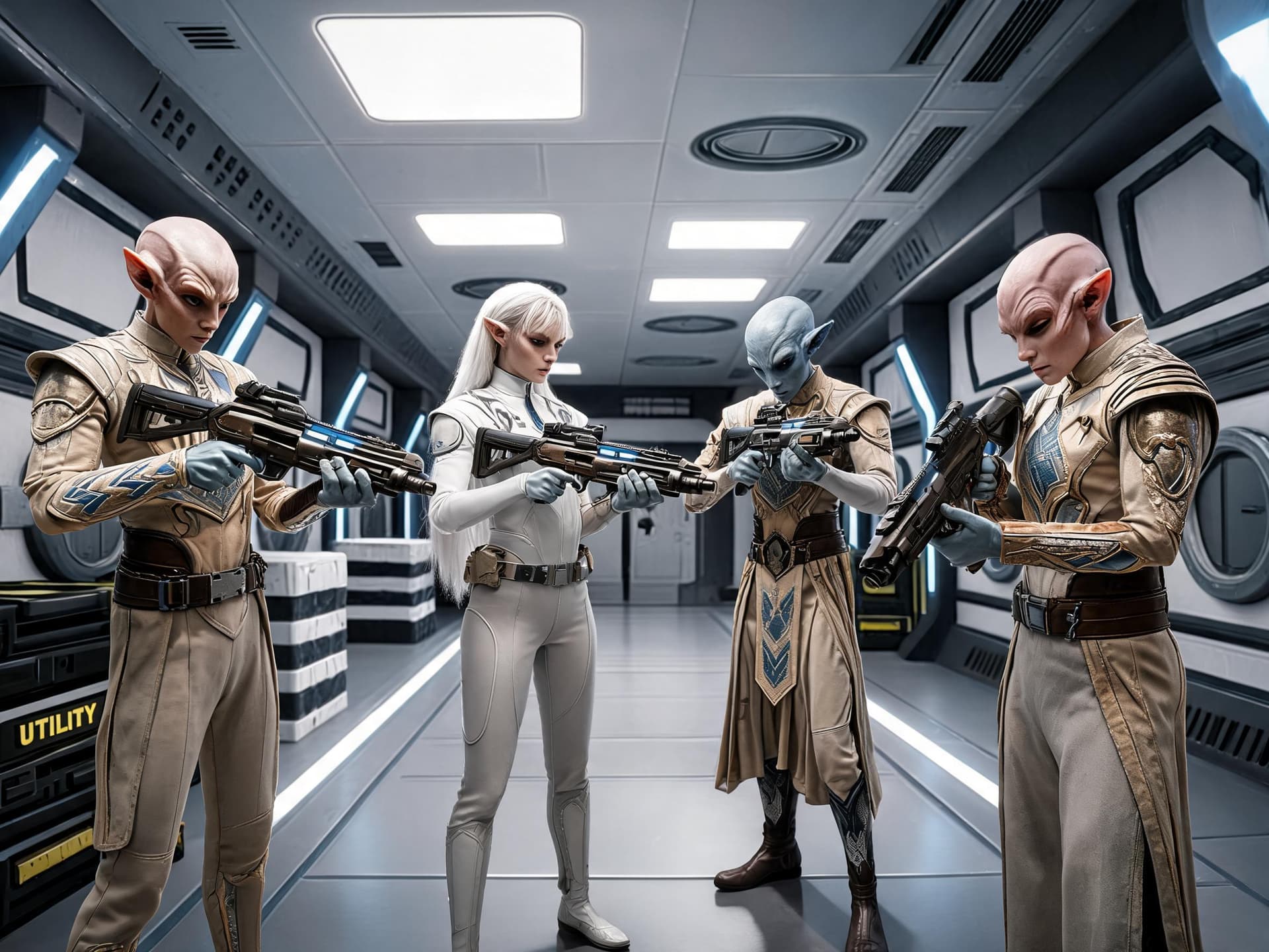 AI generated: Cinematic Sci-Fi scene. Four characters look over and inspect their weapons in the storeroom.  Use o...