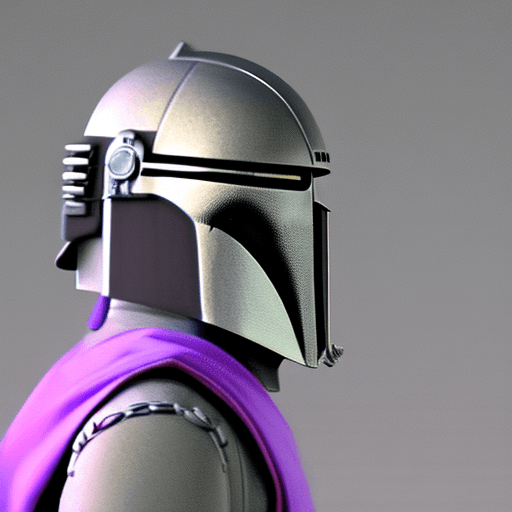 AI generated: Mandalorian, bust, side view, silver color, sleek, solid purple backdrop, rtx shader, realism studio...