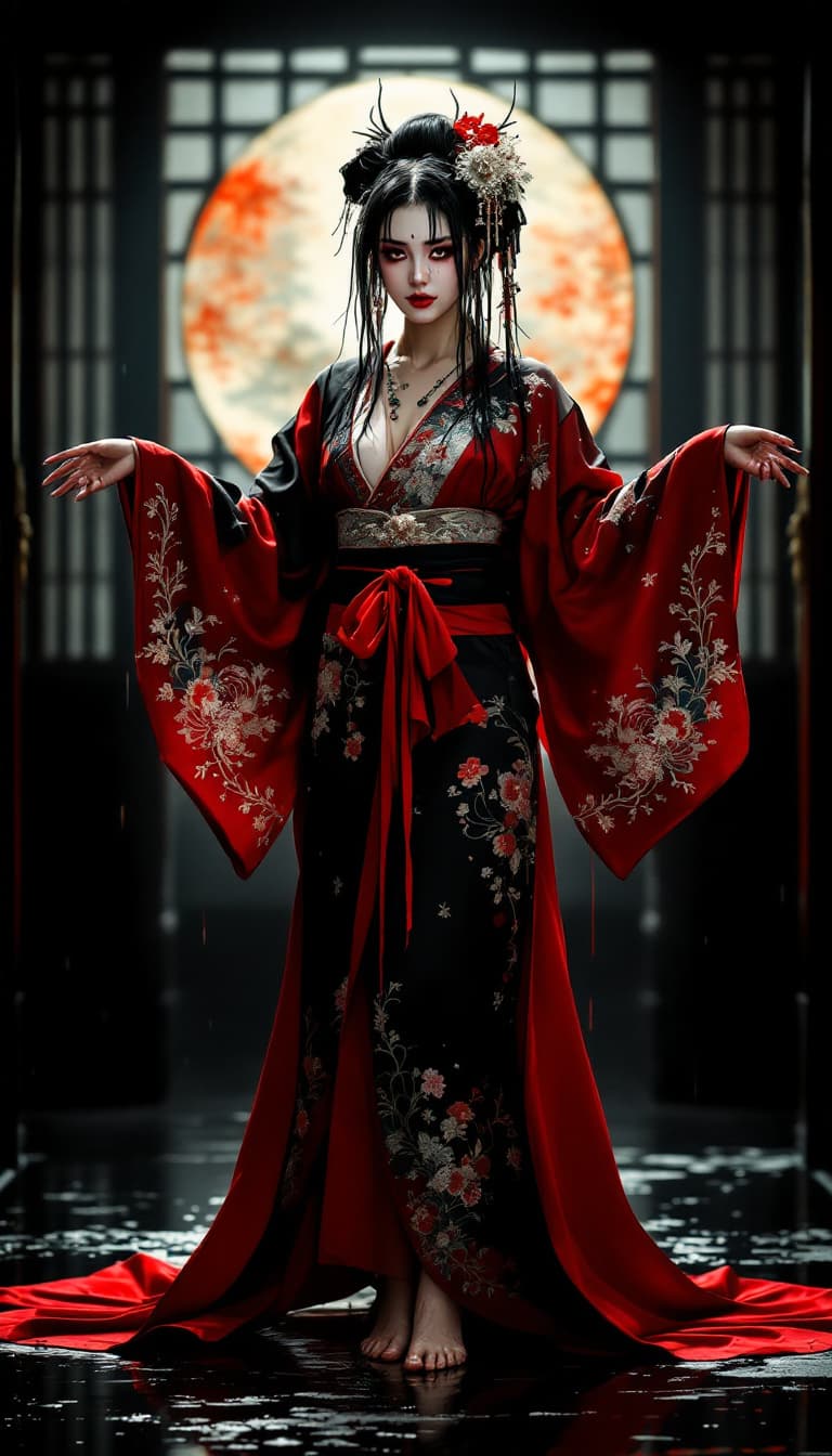 AI generated: Full body view of a beautiful black hair woman in red and black kimono, barefoot, and geisha makeup ...
