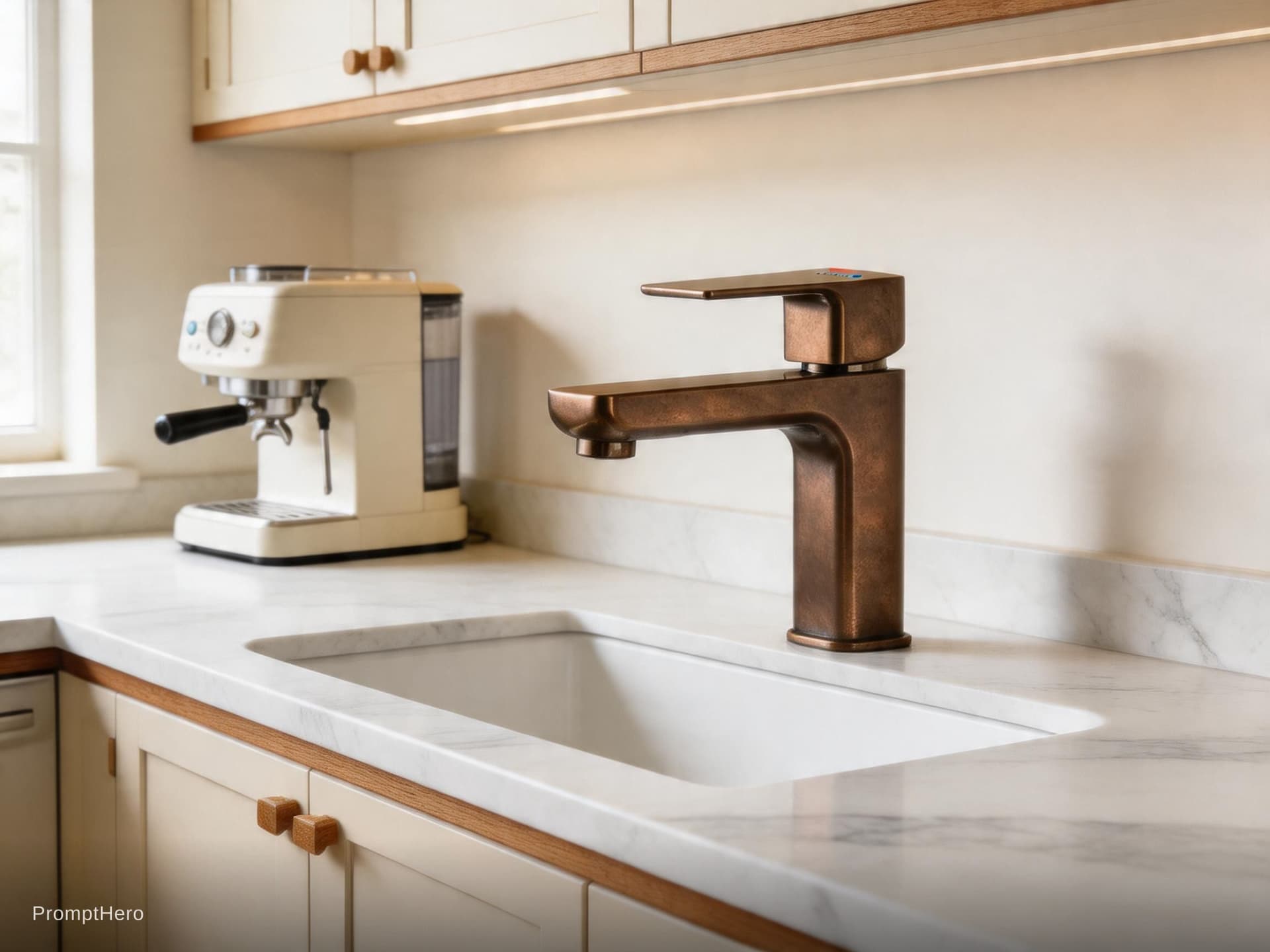 AI generated: modern kitchen, sleek eggshell light beige finishes, with a beige and wood, white marble, EF 24mm f/...