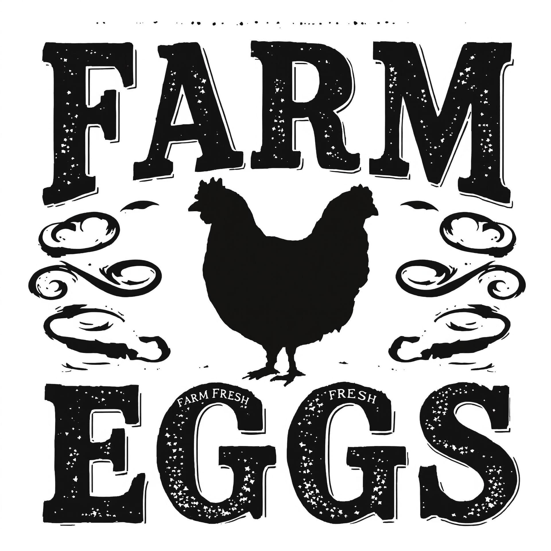 AI generated: Create a vintage-style graphic design featuring the text "FARM FRESH EGGS" with a silhouette of a he...