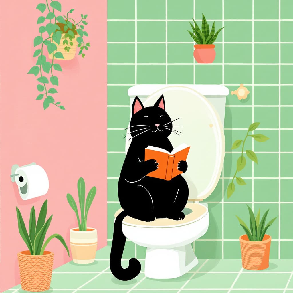AI generated: A black cat sits on the open toilet seat, reading a book. The walls are pink, and the tiles are gree...