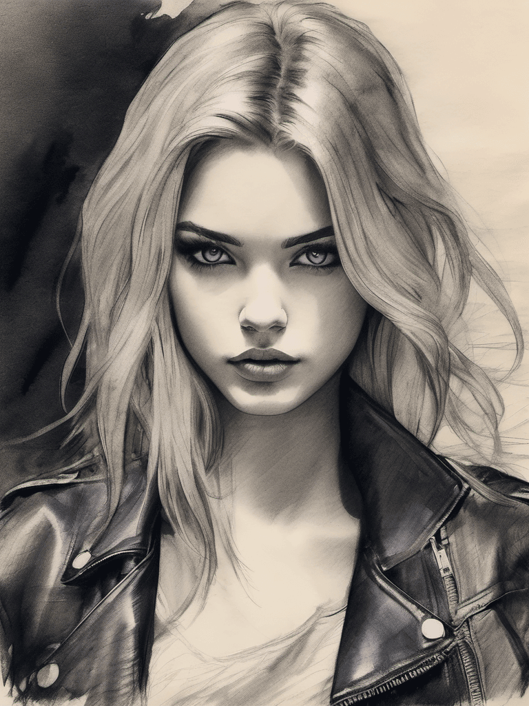 AI generated:  Rough charcoal sketch on old paper, a beautiful 18yo american school-girl, half body, detailed, bad...