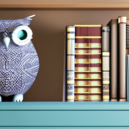 AI generated: Hyper realistic photo of a mid century modern style owl with googles in front of a cupboard with lot...