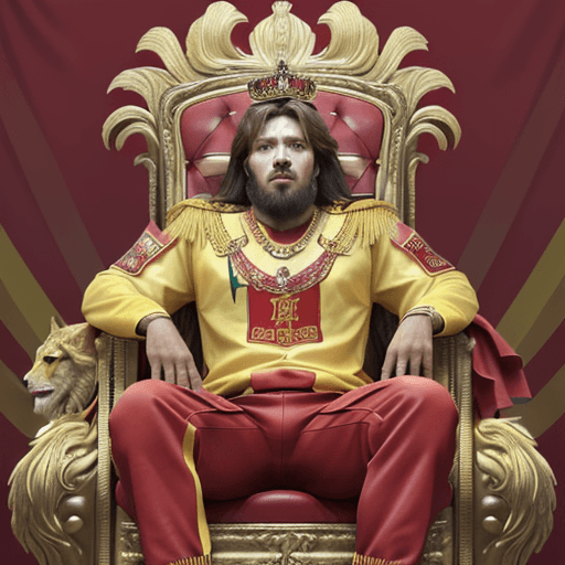 AI generated: A Lion man king sitting on a throne with a red wolf on the left and a yellow wolf on the right nearb...