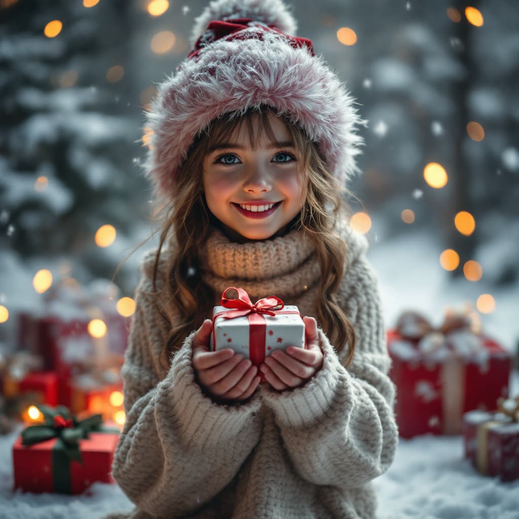 AI generated: very beautiful girl,christmas scene,present,christmas look,full body image,give you a present,smilin...