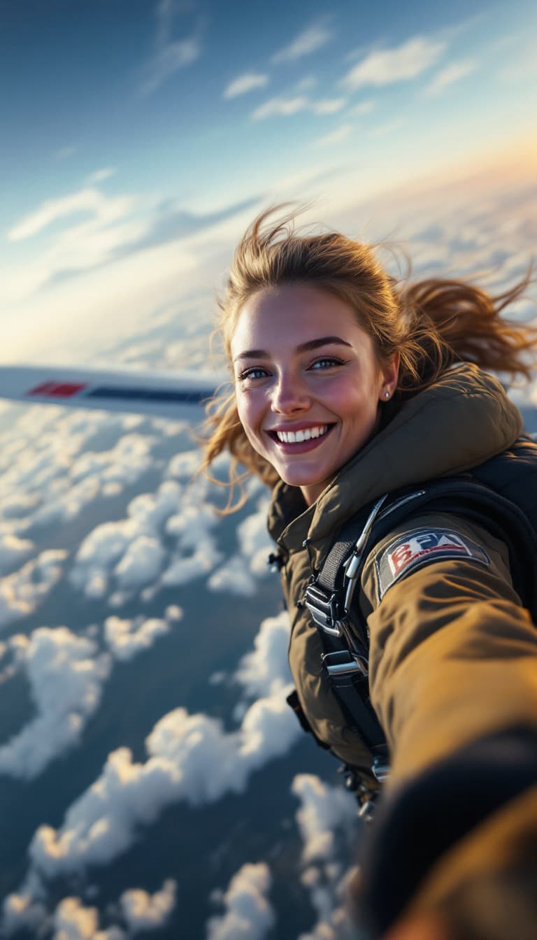 AI generated: 
Go back
female parachutist, jumping from plane, smile, selfie, motion, full body visible, detailed ...