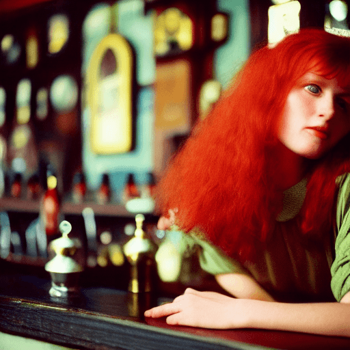 AI generated: beautiful redhead irish woman in a pub, velvia, shot on 65mm, 16 megapixels, 8k, photorealistic, --q...