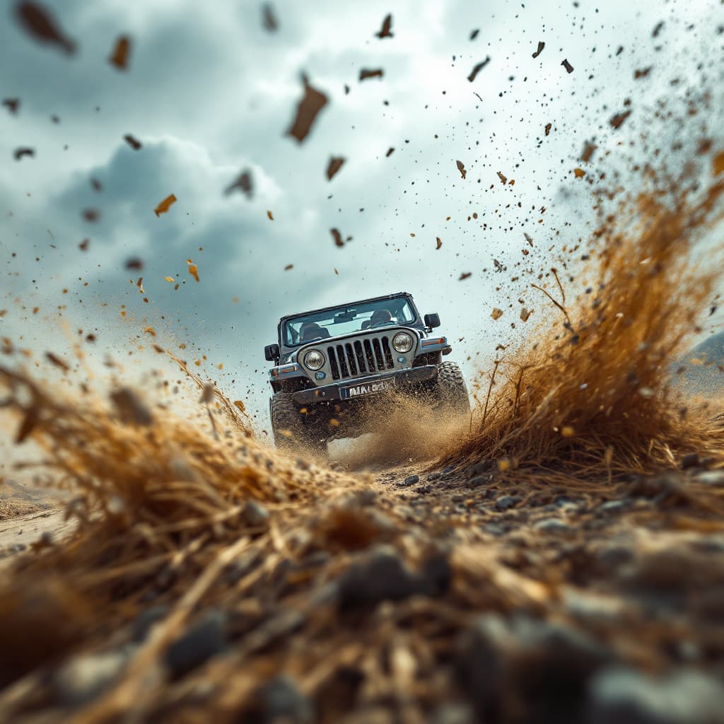 AI generated: photography, sports shooting, dynamic range, dynamic motion with Mahindra thar driving towards camer...