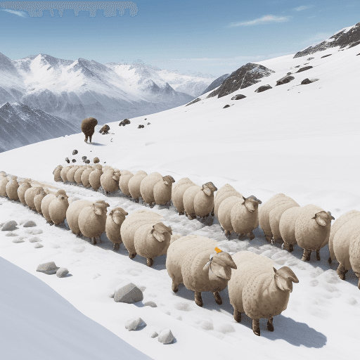 AI generated: A Shepard with their sheeps in the high mountains, snowlepord moving around them and the sheeps are ...