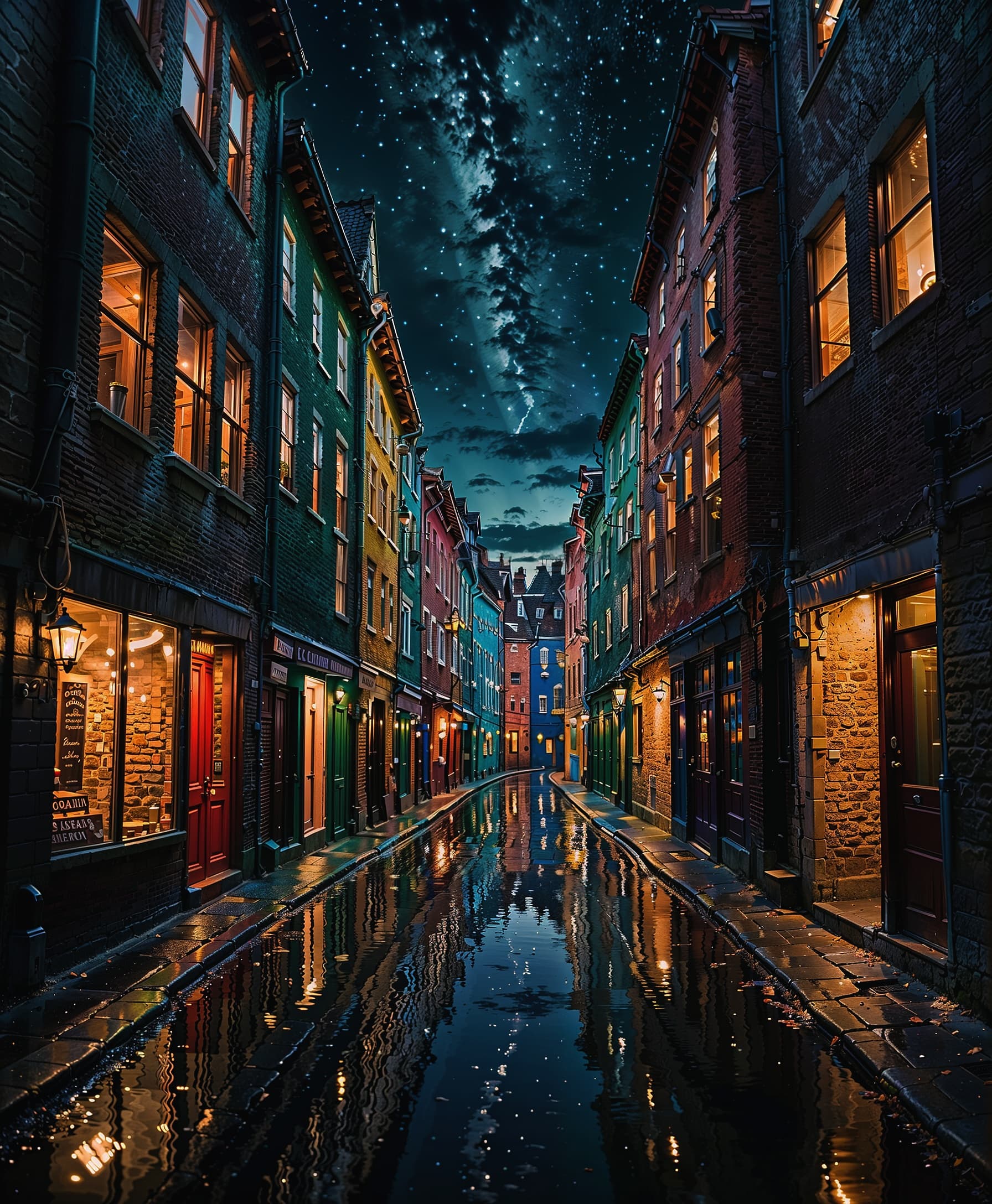AI generated: A backroom concept view of an infinite street at night, lined with giant, vividly colored houses tha...