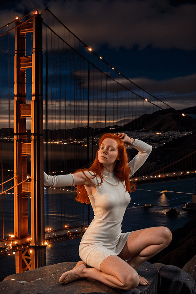 AI generated: A ginger woman in a white knit semitransparent dress poses outdoors at twilight, seated on a stone s...