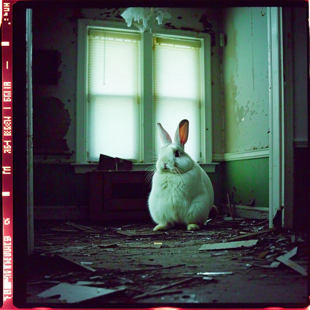 AI generated: grainy 80's photograph quality polaroid of big chungus caught in an abandoned house, dark, uncanny