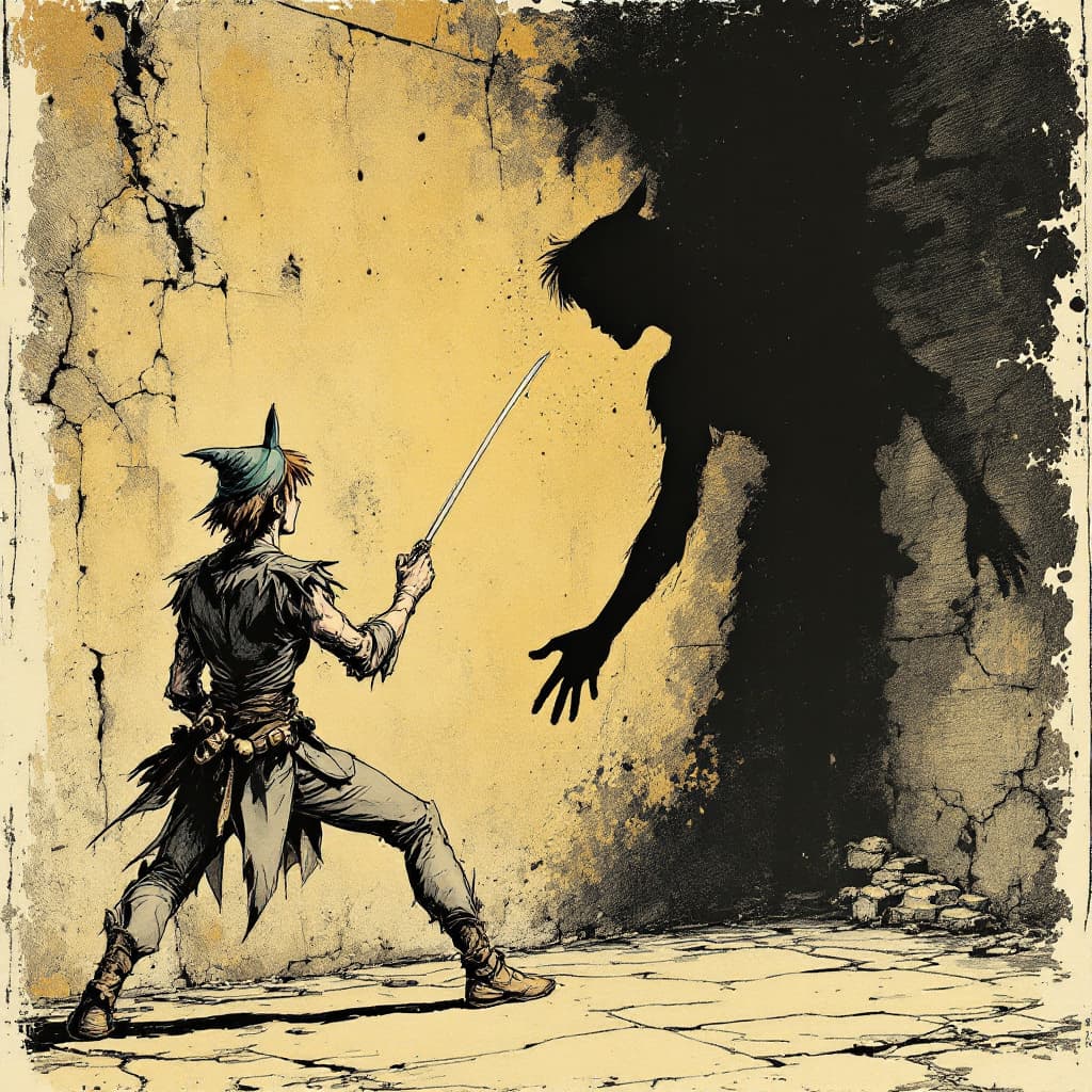 AI generated: Photorealistic comic book cover illustration, full body shot of peter pan fencing with his shadow ag...