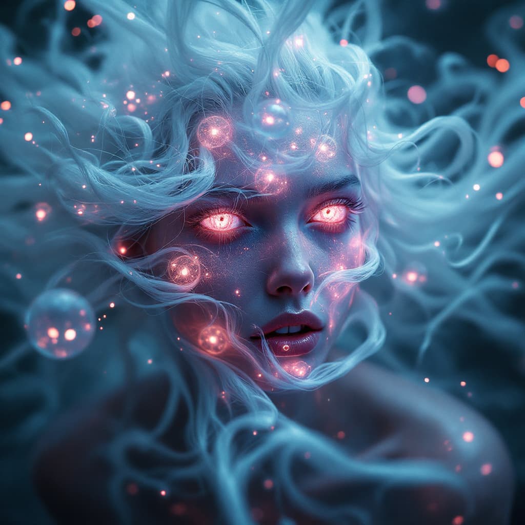 AI generated: full body, woman, hyperrealistic horror shot of a ghostly ectoplasm, creepy, foggy, evening, light b...