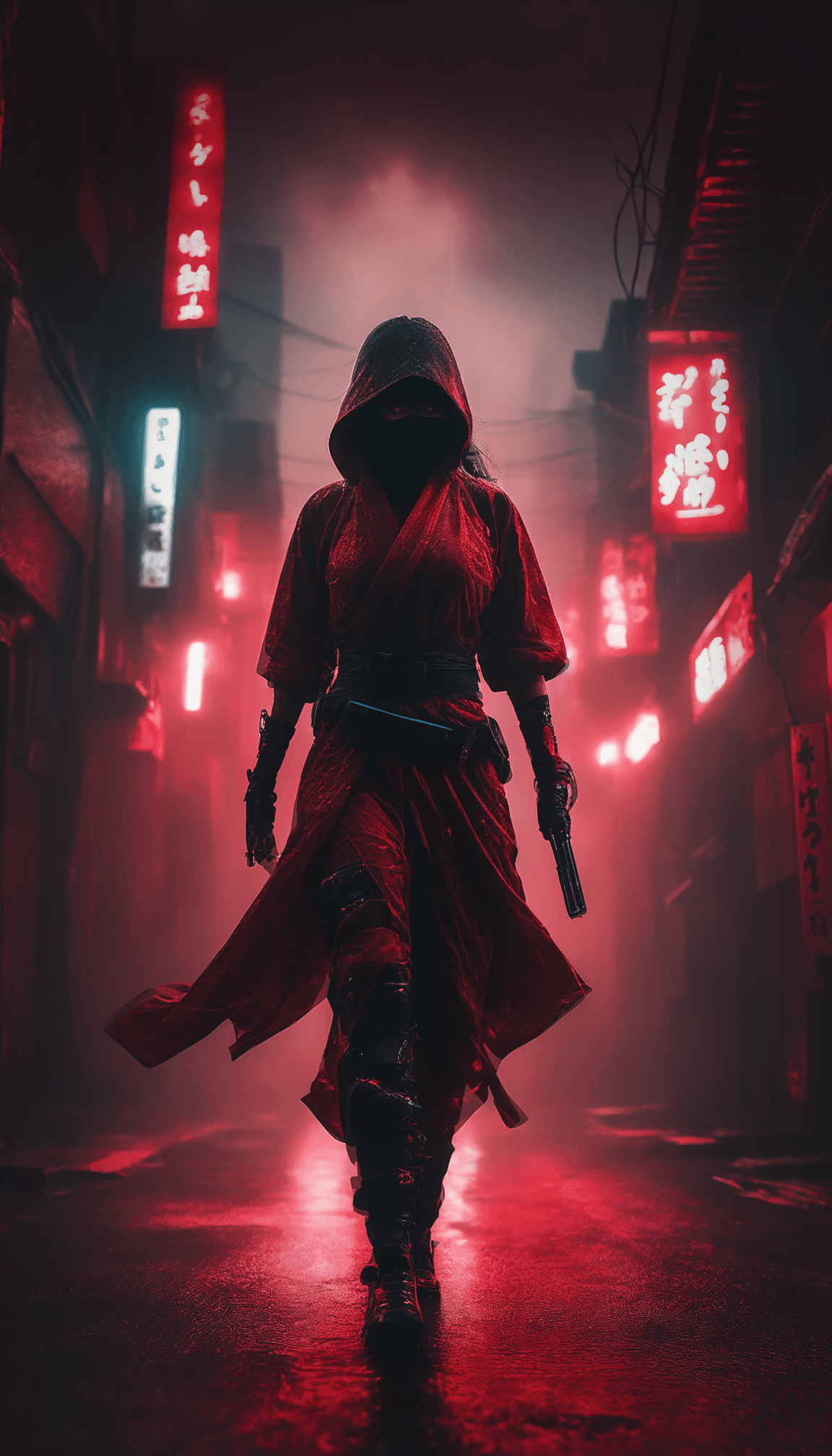 AI generated: a female assassin ninja in red and black ninja outfit, at night, black and red buildings , dark fogg...