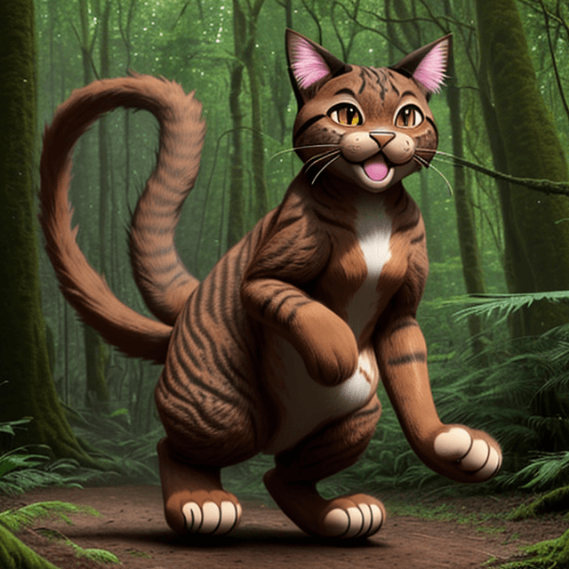 AI generated: front  view of a nice, wise, cheerful,  giant brown cat dancing on rare paws in a  prehistoric fores...