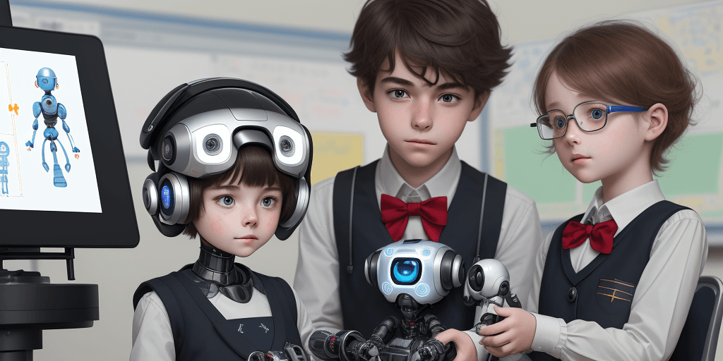 AI generated: two human boy and girl students, detail face, smile, wearing school uniforms, learning with a small ...