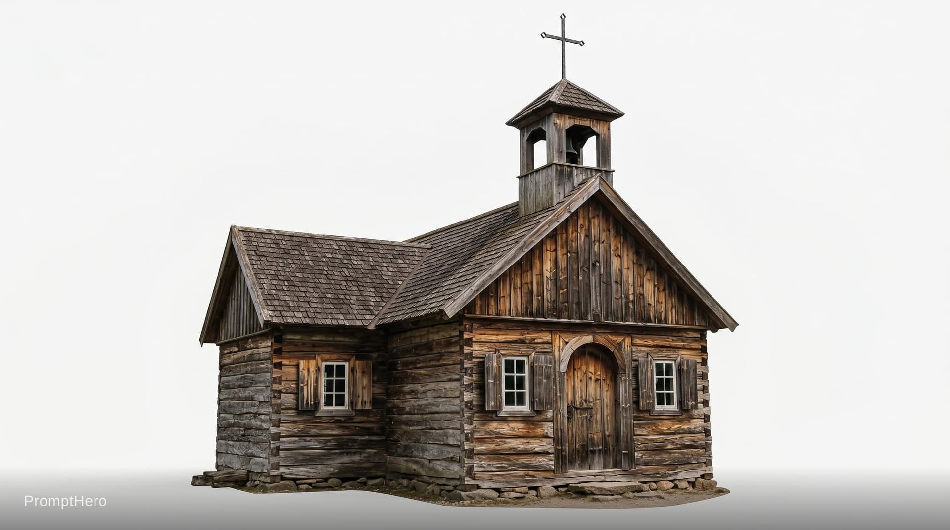 AI generated: Turn into photo realistic photo 1829 wooden colonization church with cross. on white background.