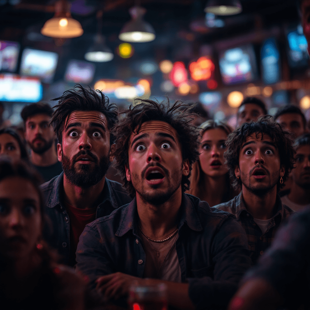 AI generated: A group of diverse men and woman, stand astonished in a crowded bar, at night. They gaze at the view...