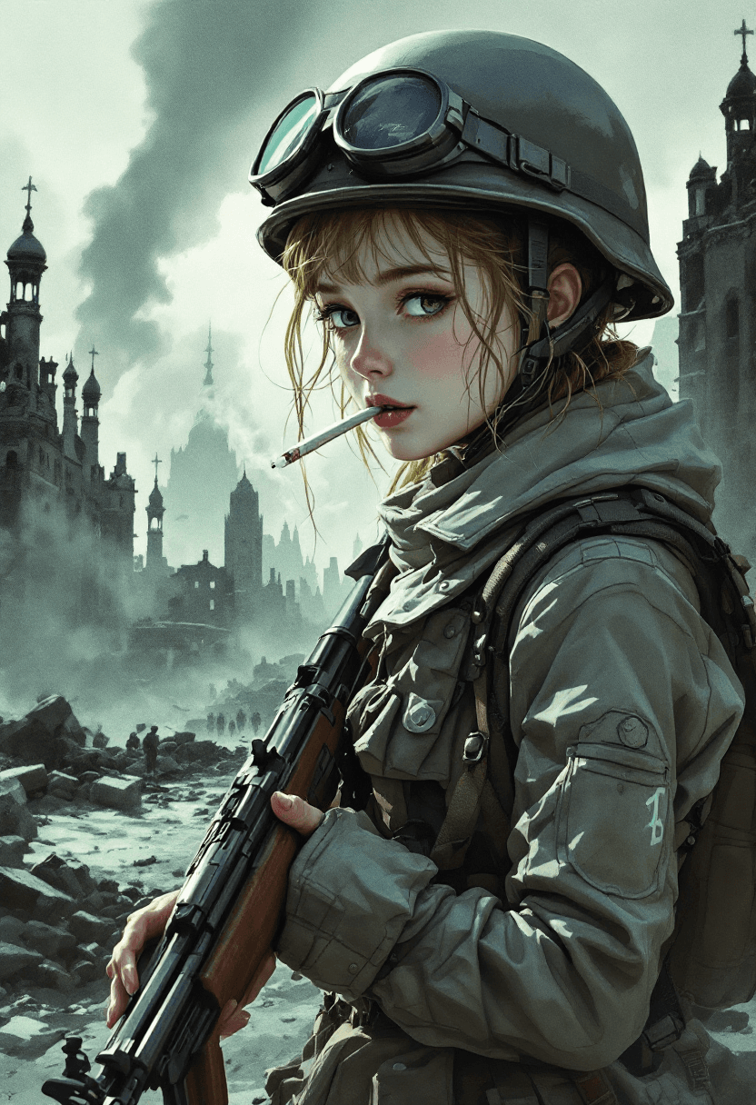 AI generated: painting of a (13-year-old) Russian girl dressed in a World War I uniform and helmet with an AK-47, ...