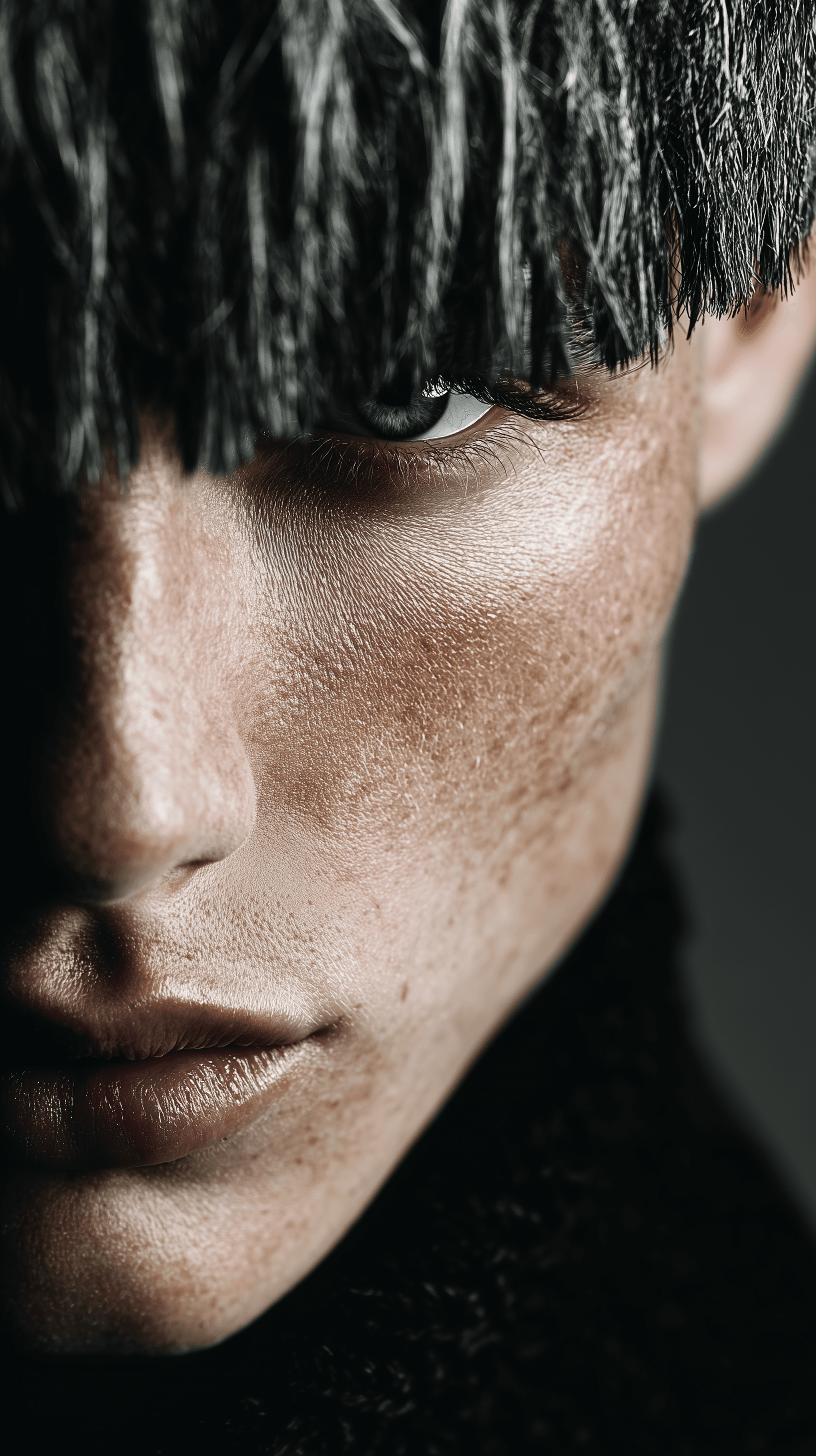AI generated: editorial photography, front central composition, slavic young boy model, textured mushroom cut with...