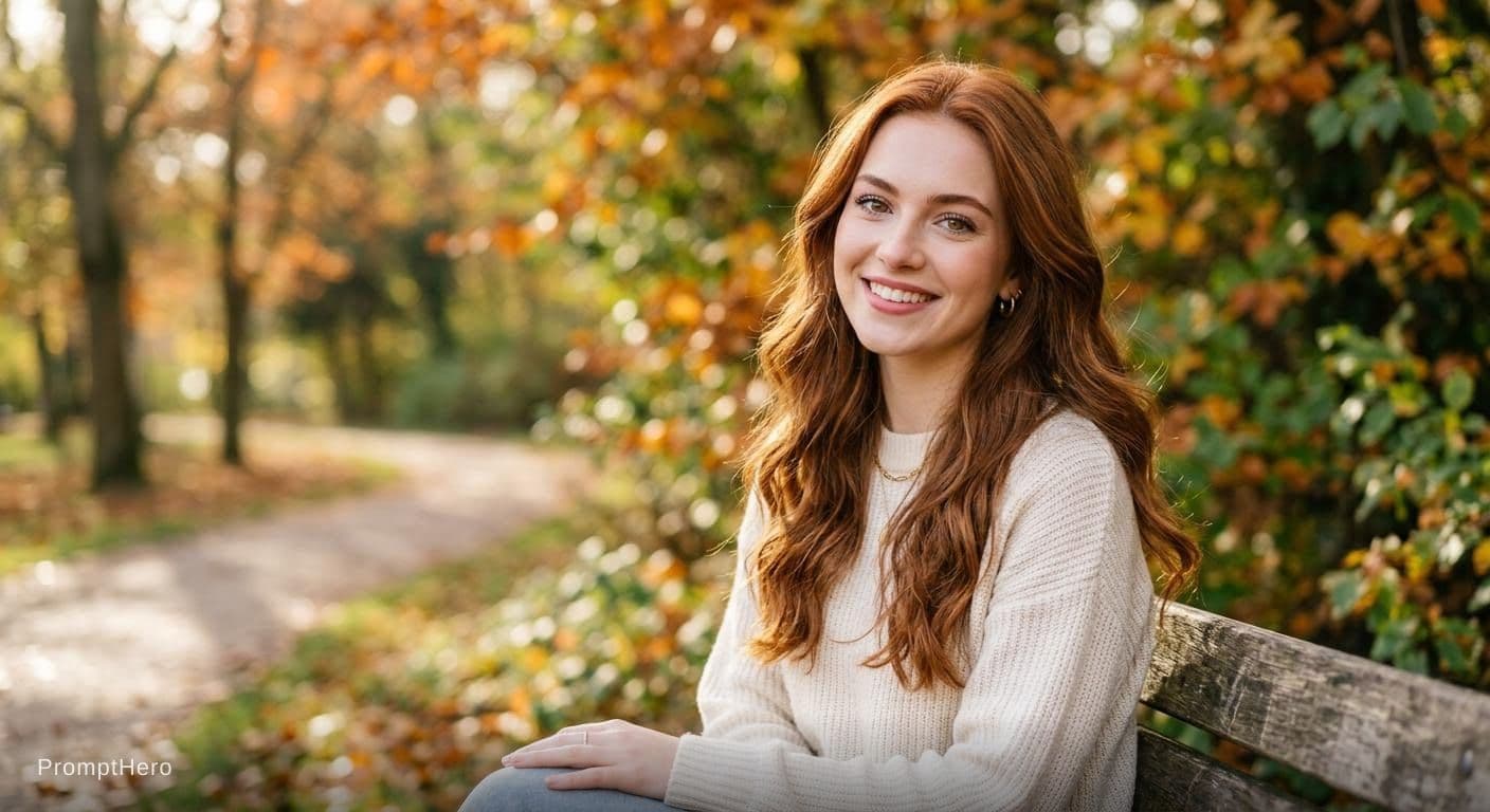 AI generated: 20 years old, long auburn hair, hazel eyes, highly attractive, Caucasian,