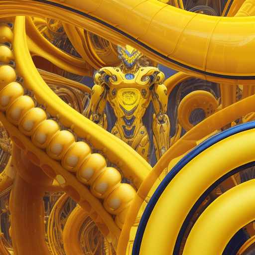 AI generated:  robot men  in yellow colors, in the style of hyperrealistic environments, colorful biomorphic forms...