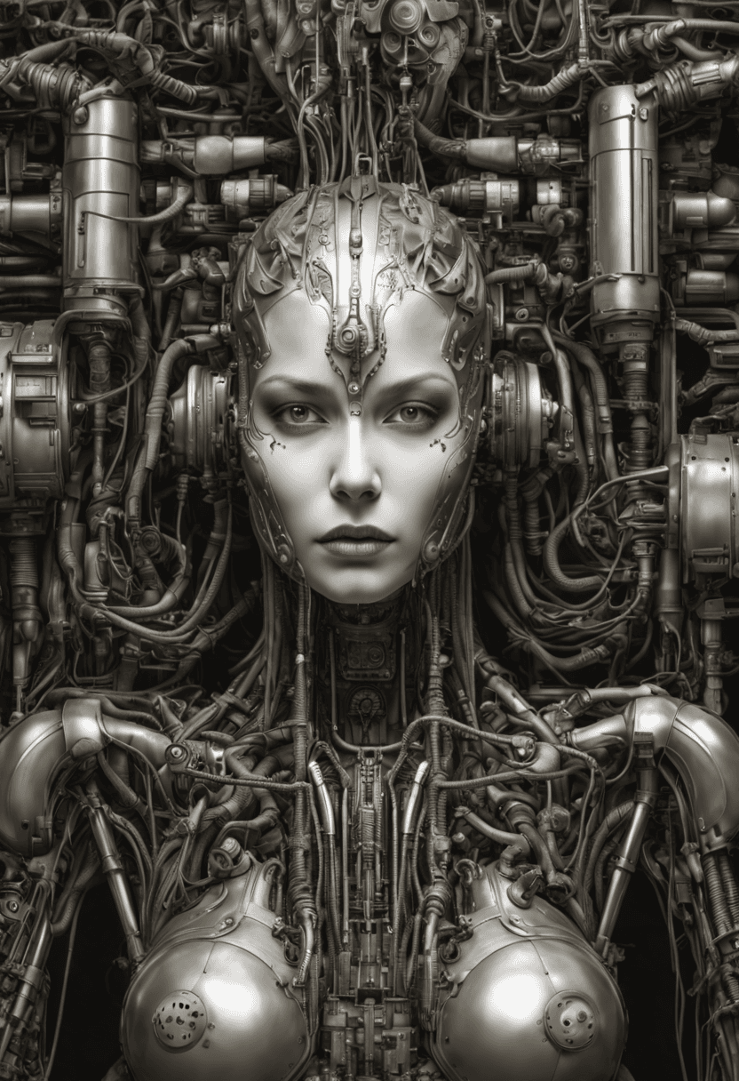 AI generated: A woman is connected to a mechanical machine.He is connected with cables and wires.She is a cyborg.V...