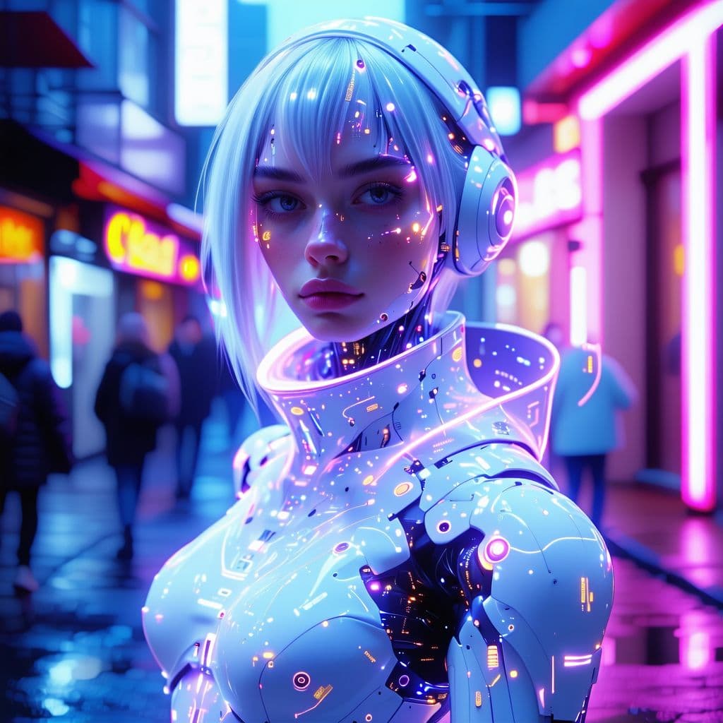 AI generated: Gorgeous platinum hair grey eyed age 18, artificial intelligence, (futuristic) , (masterpiece) , (re...