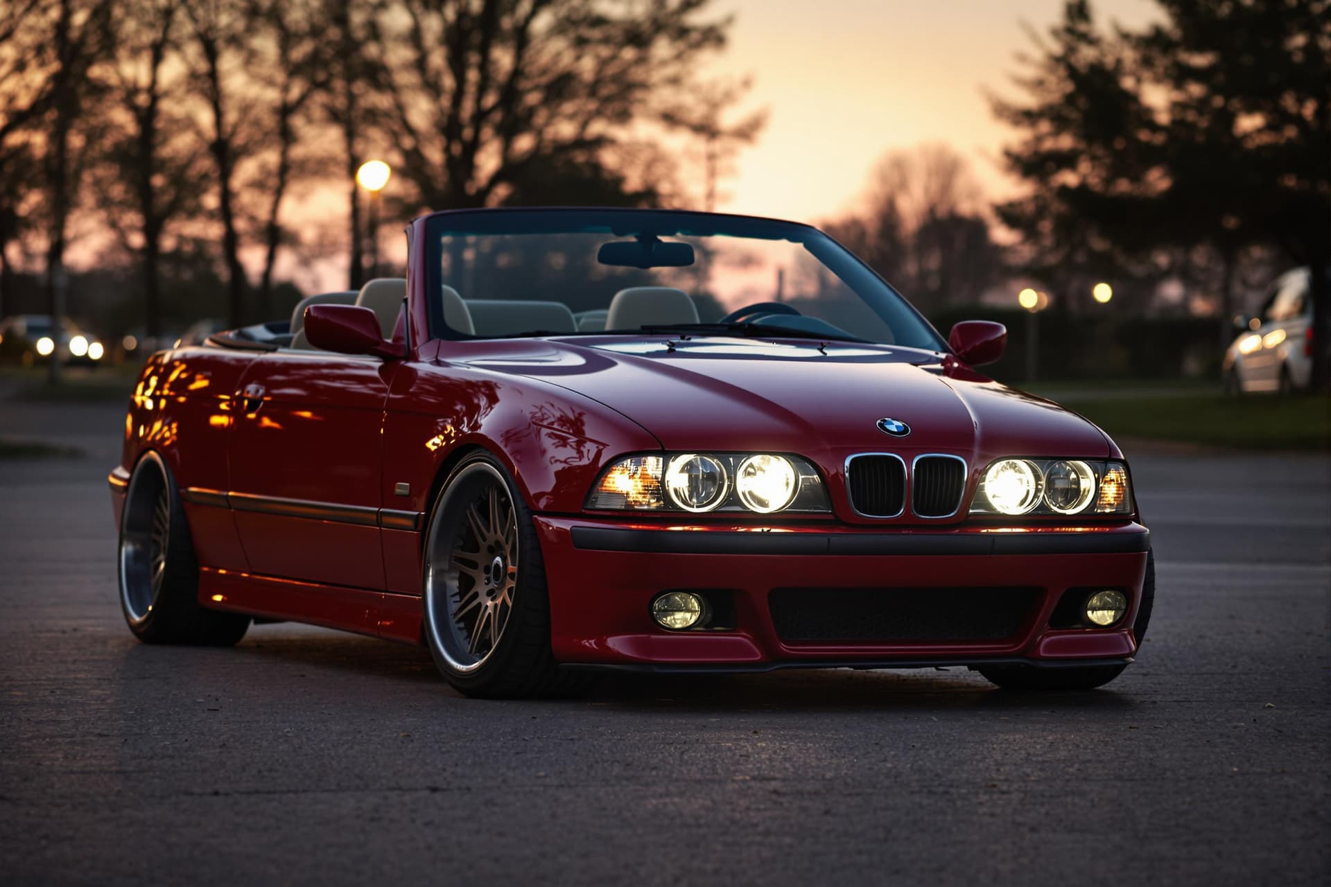 AI generated: dark red bmw e39 M5 convertible, lit angel eyes, cinematic, hyper realism, high detail, 8k, front 3/...