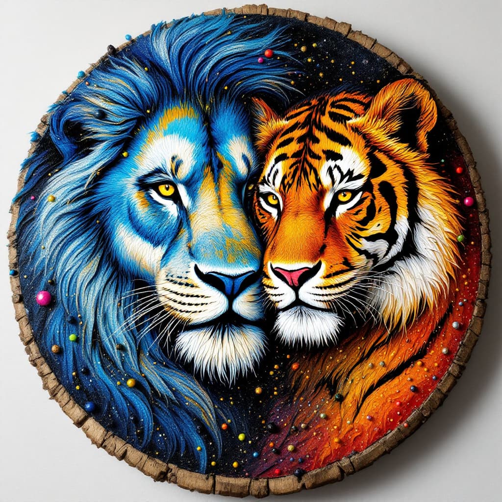 AI generated: In a round frame, a hybrid painting of fabric, wood, plastic and bright colored beads, with a Dutch ...