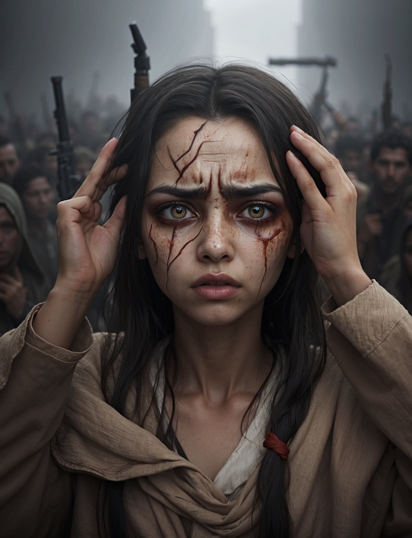 AI generated: "Produce an artistic representation of a waar victim, their eyes filled with fear and despair. The s...