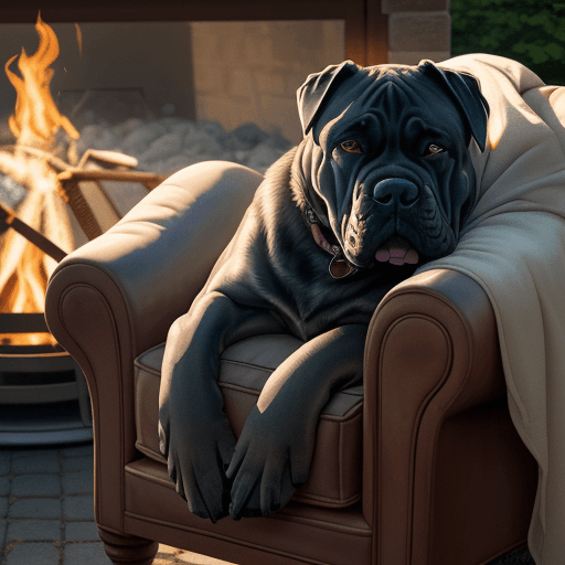 AI generated:  Photo of a Cane Corso dog drawing watercolor, sleeping, in an armchair, light from a campfire, and ...
