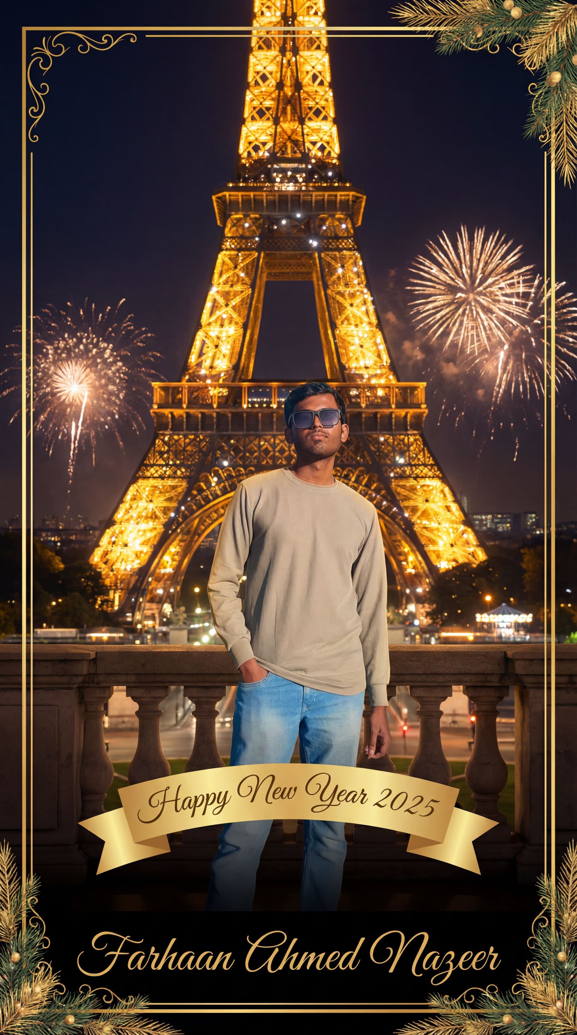 AI generated: Make an elegant new year card with my picture which I have uploaded, make my picture seem as though ...