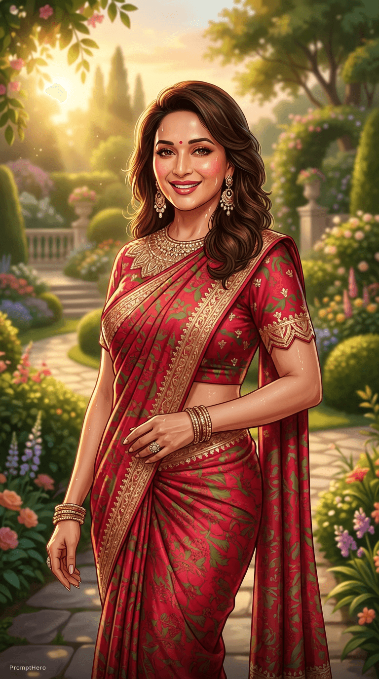 AI generated: Traditional Saree Dress  ,  intricate saree with delicate pattern, Glamorous Jewelry, solo, curvy sl...